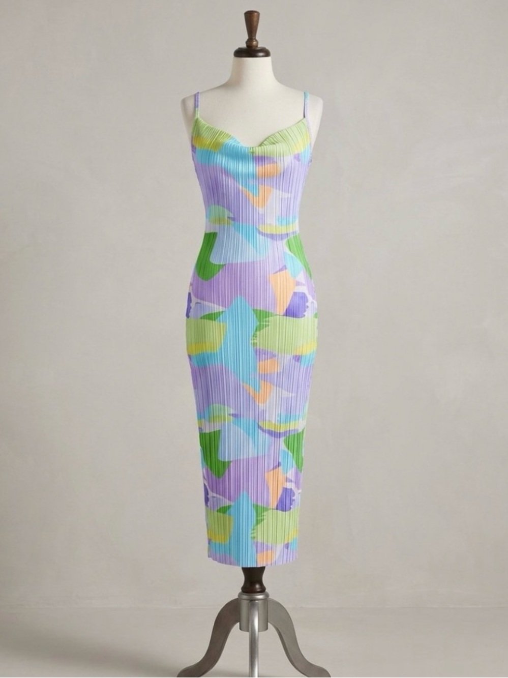 PrettyLittleThing Pastel Pleated Slip Dress in Lavender, Aqua & Lime